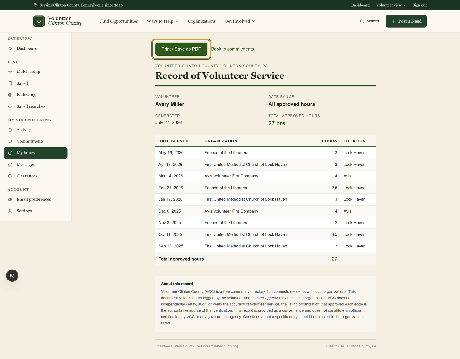 A printable Record of Volunteer Service listing approved entries by date and organization, with the green Print / Save as PDF button at the top left.