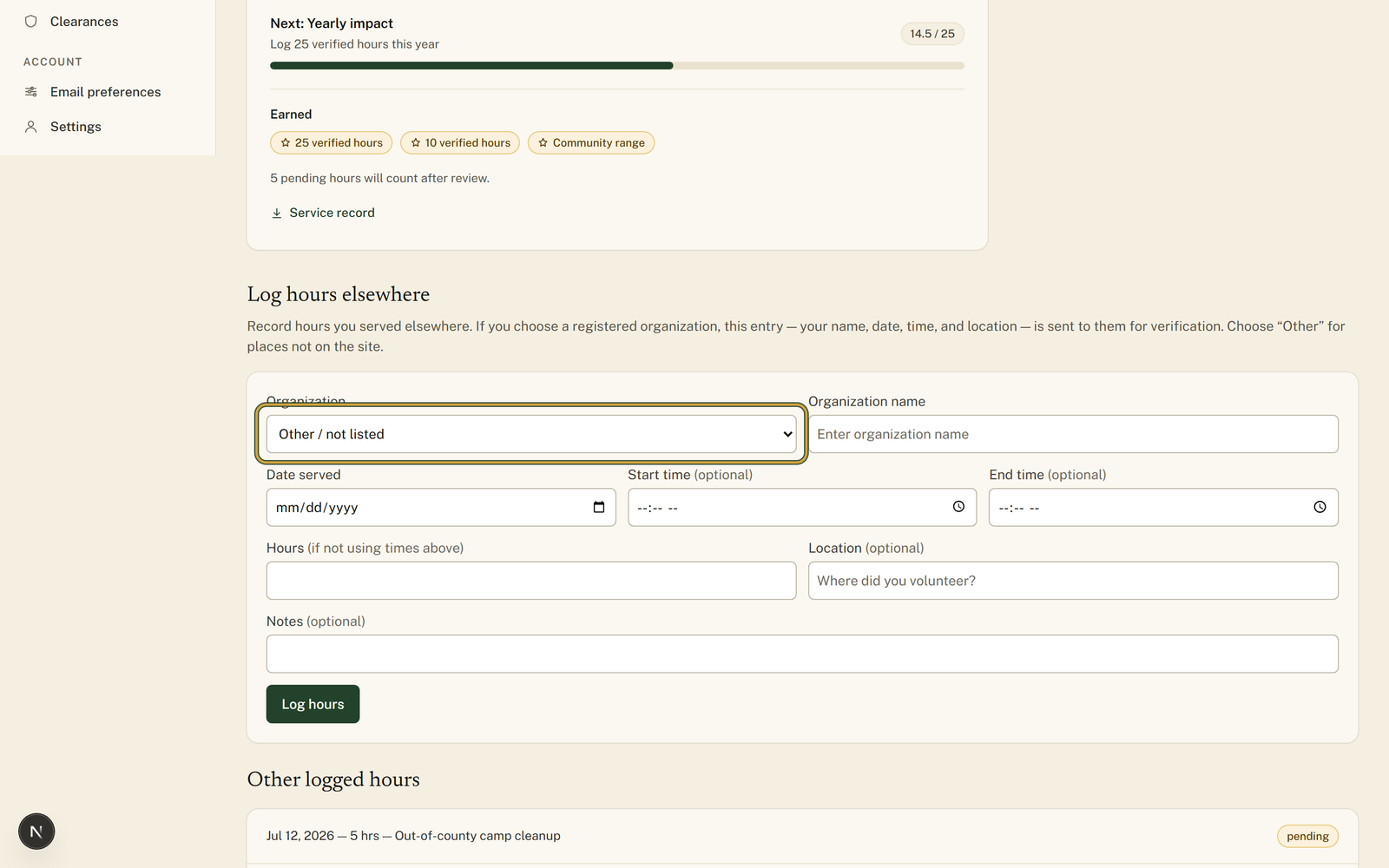 The My Commitments page with the Log hours elsewhere form open, the Organization dropdown set to Other / not listed, and an empty Date served field.