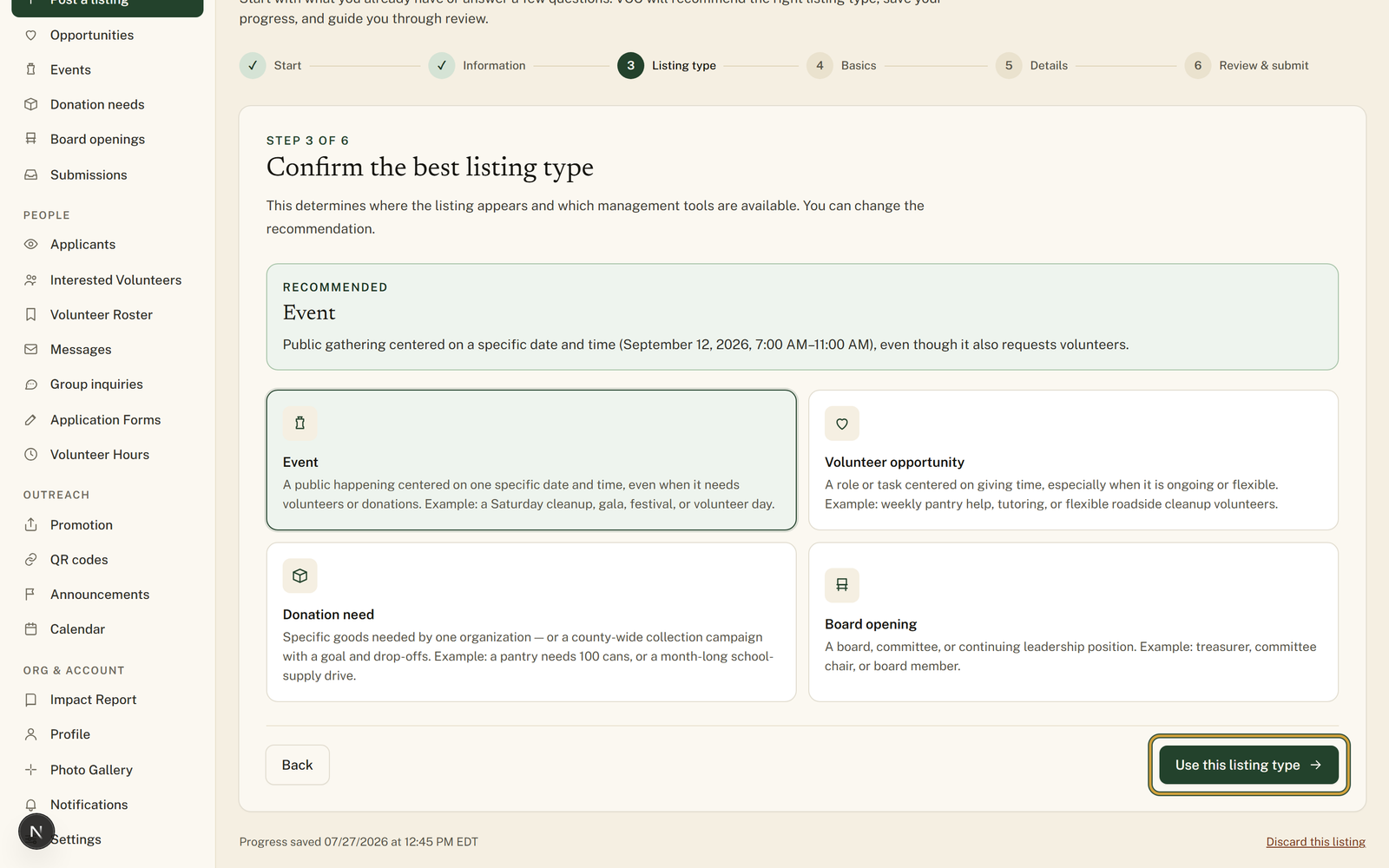 The listing-type confirmation step showing Event selected with a short reason, and the Use this listing type button highlighted.