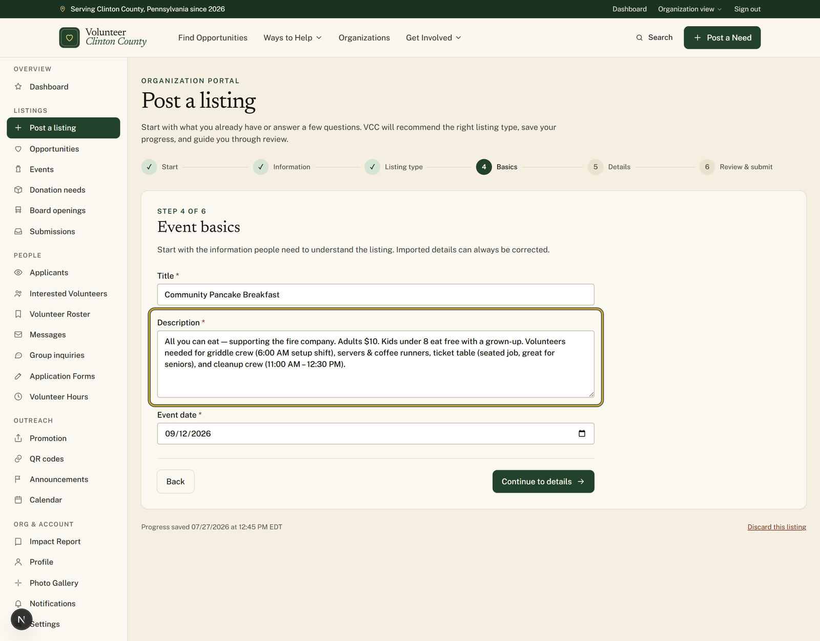 The Event basics step of the posting wizard with the title, description, and event date already filled in from the uploaded flyer.