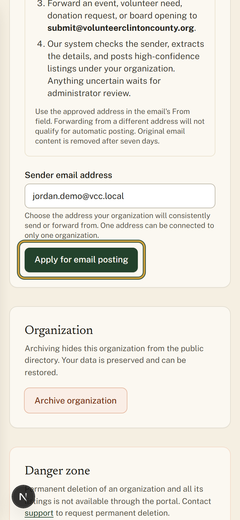 The Post by email form on a phone, with the Apply for email posting button highlighted directly under the Sender email address box.