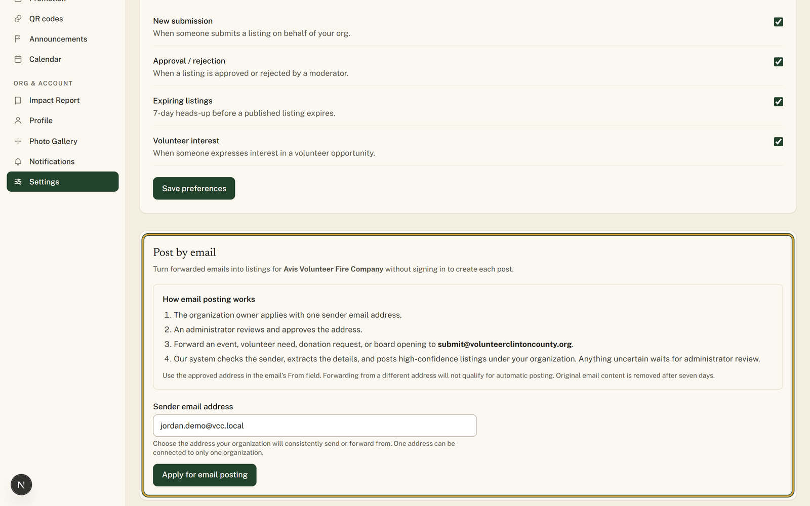 The organization settings page with the Post by email card outlined, showing the numbered how-it-works list and the Sender email address field.